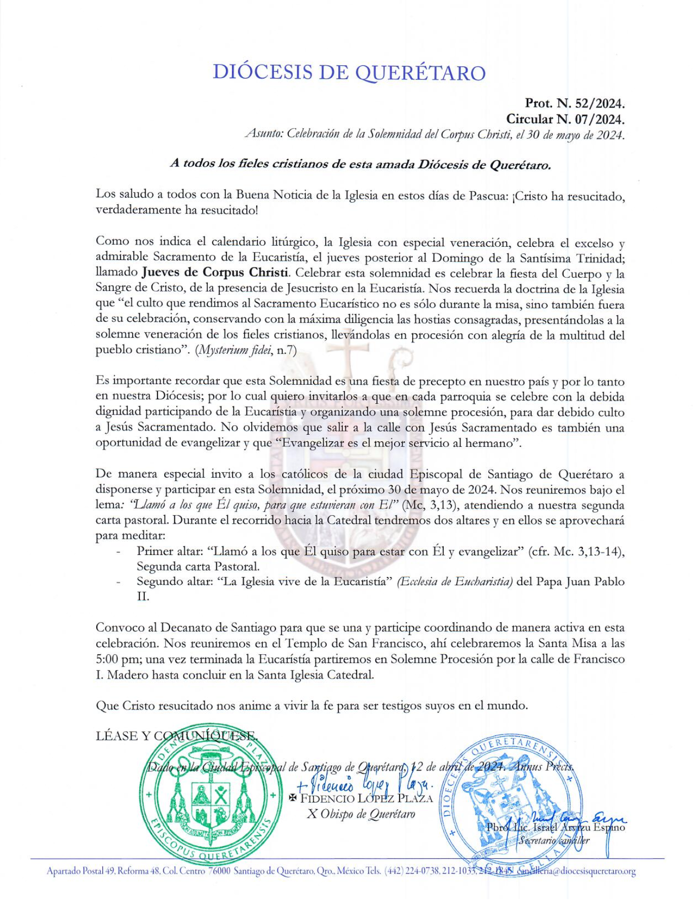 Circular N. 07/2024. Prot. N. 52/2024. Celebración de la Solemnidad del Corpus Christi, el 30 de mayo de 2024.